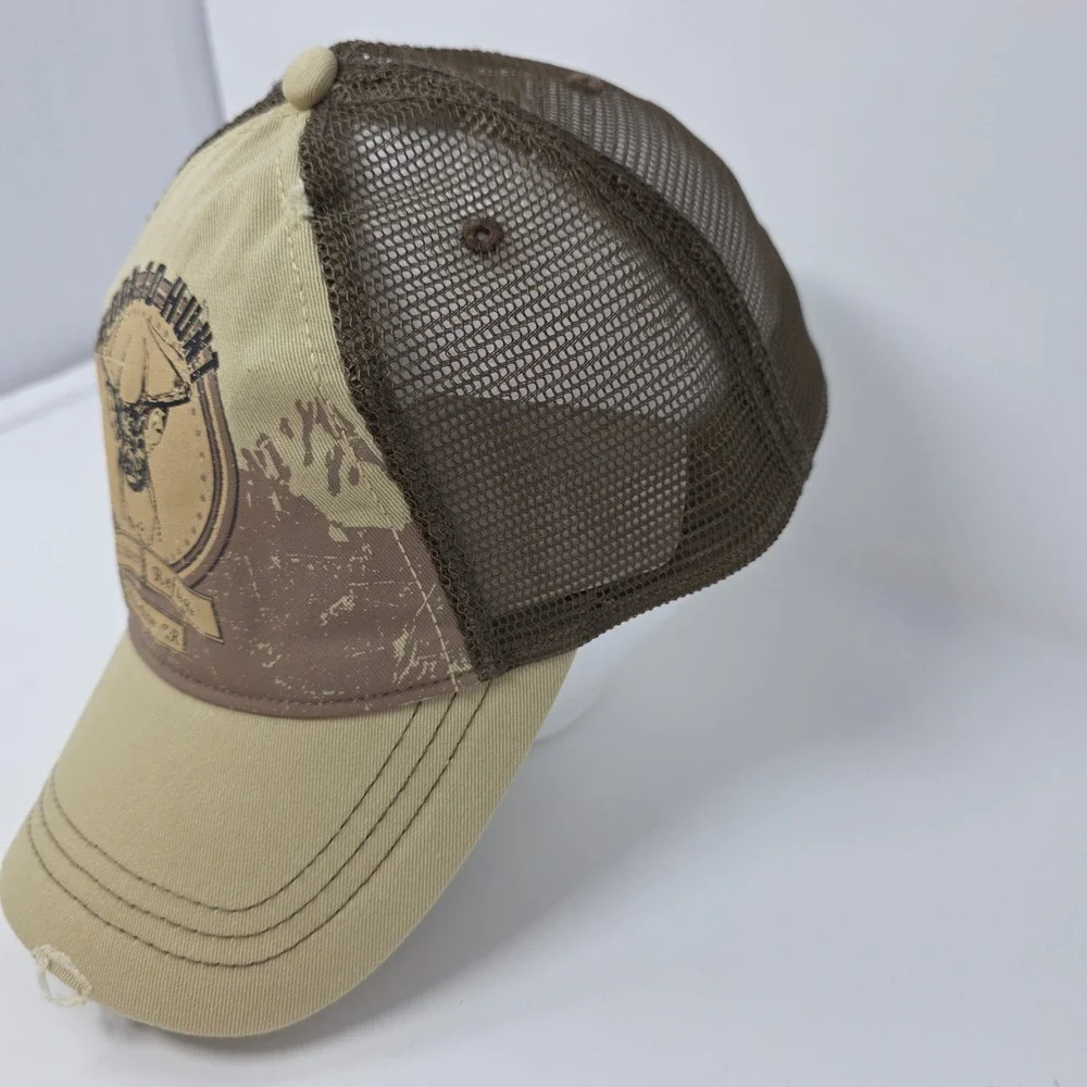 White River Refuge Trucker Hat OS Born To Hunt Deer Graphic Distressed Tan Brown